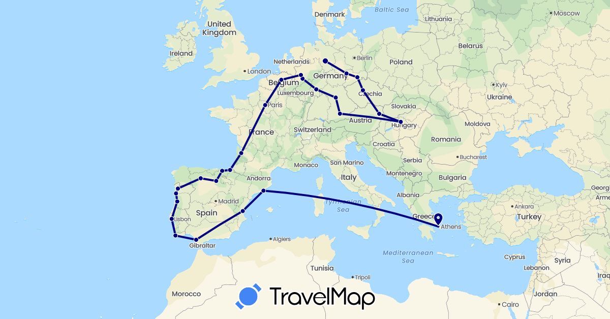 TravelMap itinerary: driving in Austria, Belgium, Czech Republic, Germany, Spain, France, Greece, Hungary, Portugal (Europe)